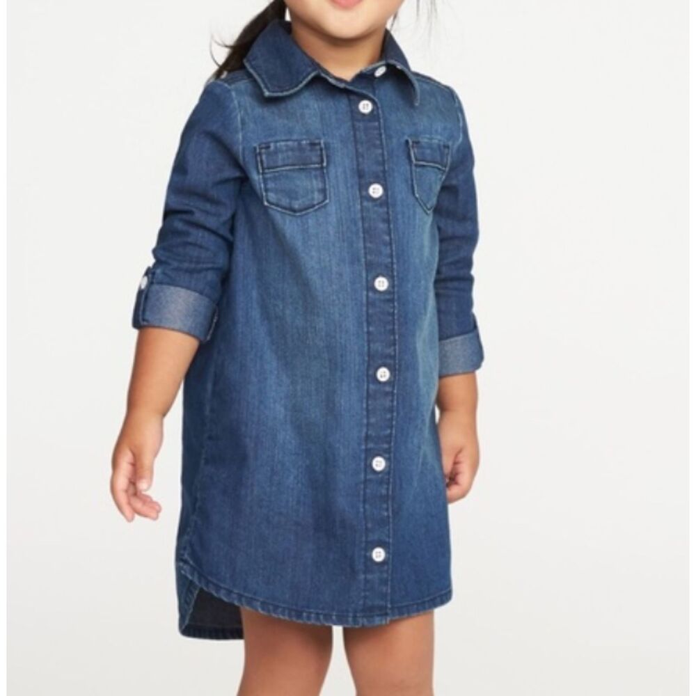 ~ Old Navy Girls 4T Denim Shirt Dress Blue Long Sleeve Jean Pockets Button Up